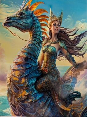 Mythical Mermaid on Sea Dragon Fantasy Print 8x10 Glossy Wall Art Home Decor